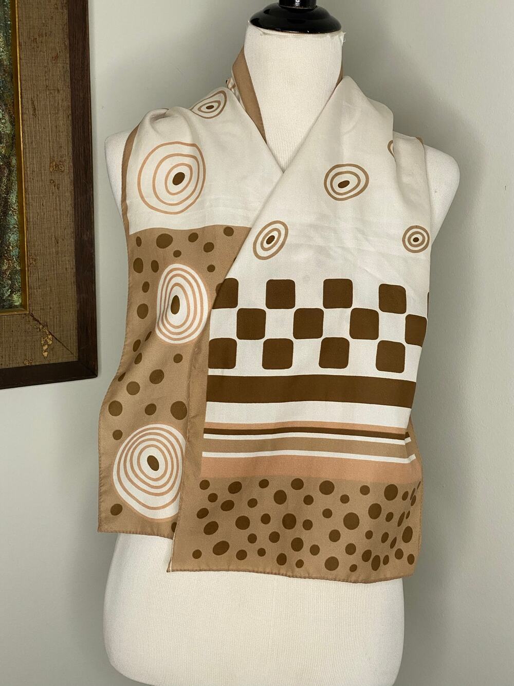 Italian Made Geometric Scarf 100% Polyester Tan Brown Cream 53.5" Long